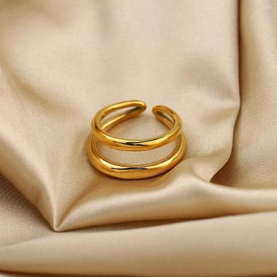 China Fashion Double Layer Rings Stainless Steel Environmental Friendly Open 18k Gold Plated Adjustable Cuff Ring For Women for sale