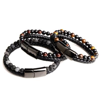 China Luxury Punk Male Tiger Eye Beaded Eye Stainless Steel Chain Hand Jewelry Leather Bracelet For Men for sale