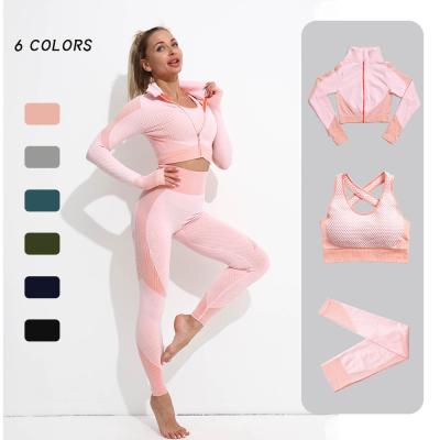 China New Breathable Seamless 3 Piece Set Women Sport Suit Yoga Workout Clothes Long Sleeve & Crack Fitness Crop Top! crack! butt gaiters gym set for sale