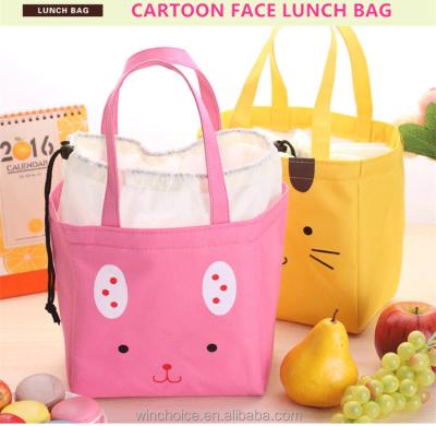 China Cotton Canvas Handled Fabric Insulated Lunch Bag Cartoon Face Cooler Bag, Ice Bag For Fresh Food, Drawstring Closure for sale