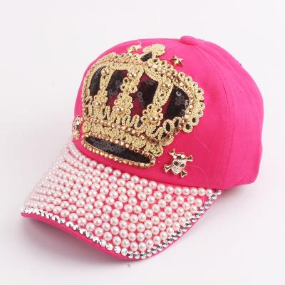 China Newest Fashion JOINT Wholesale Custom Women Distressed Denim Rhinestones Hot Pink Baseball Cap And Hat Rhinestones for sale