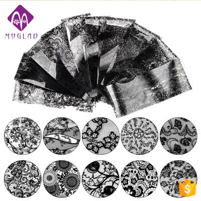 China Fashion Style 10pcs/set Black Blend Manicure Decal Art Lace French Nail Transfer Foil Easy Apply And Remove for sale