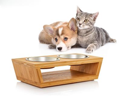 China Sustainable Bamboo Elevated Dog Bowl Stand Lift Pet Feeder For Pet Bowls And Feeders for sale