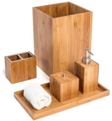 China Sustainable bamboo bathroom accessory set with cotton ball box, toothbrush holder, waste bin, soap dispenser, towel tray for sale