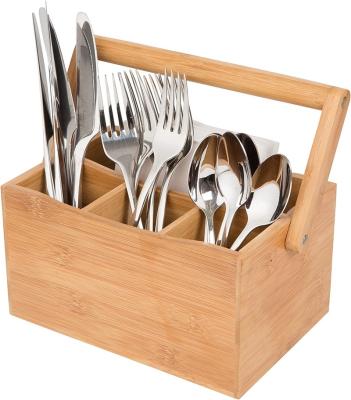 China Sustainable Natural Bamboo Cutlery Cart With Handle 4 Compartments Flatware Organizer Holders Tabletop Storage Box for sale