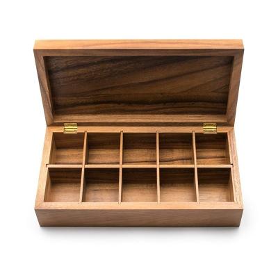 China Sustainable Double Rectangular Acacia Wood Tea Box, Universal Organization Display Box with 10 Compartments for sale