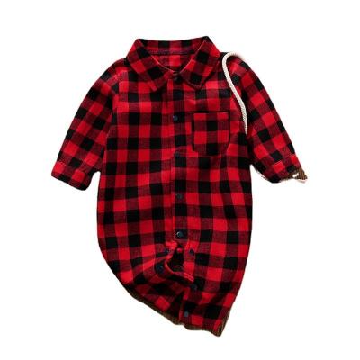 China Wholesale Polyester/Cotton Newborn Rompers Knitted Cotton Shirt Styles Long Sleeves Red Color Plaid Baby Clothes for sale