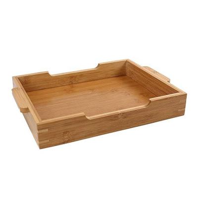 China Custom Made Eco-Friendly Rectangular Wooden Bamboo Food Serving Tray With Double Handles for sale