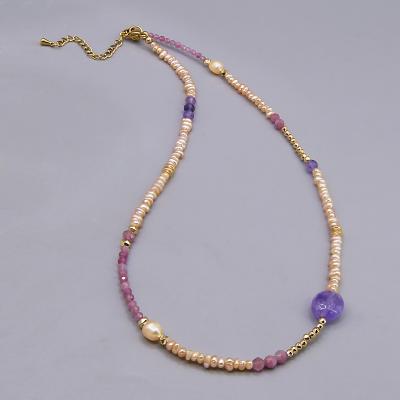 China FASHIONABLE Bohemian Stone Amethyst Stainless Steel Tourmaline Stone Bead Stainless Steel Seed Bead Choker Freshwater Necklace for sale