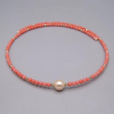 China Trendy Small Seed Pearl Red Freshwater Coral Gemstone Cuff Choker Big Pearl Jewelry Necklace for sale