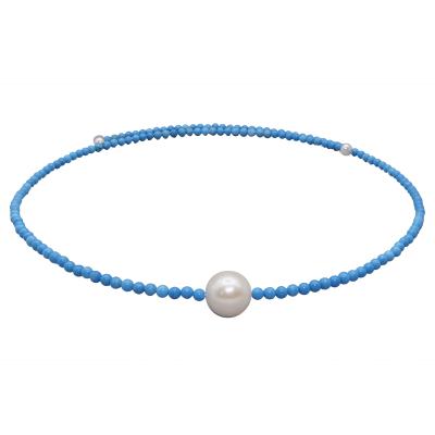 China TRENDY Natural Blue Turquoise Gemstone Round Freshwater Pearl Cuff Choker Big Round Freshwater Necklace for sale