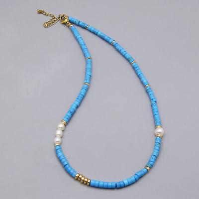 China TRENDY Colorful Turquoise Blue Natural Gemstone Seed Bead Fashion Freshwater Pearl Necklace for sale