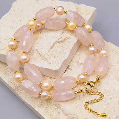 China Handmade Pink Gemstone Rose Quartz Necklace from Crystal Gold Bead Freshwater Pearl Fashion TRENDY for sale