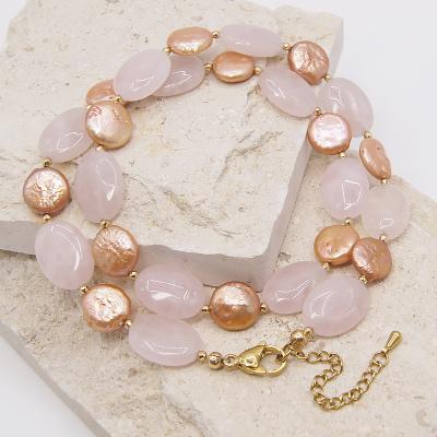 China Gold TRENDY Bohemian Pearl Fashion Adjustable Freshwater Pearl Rose Quartz Choker Necklace for sale