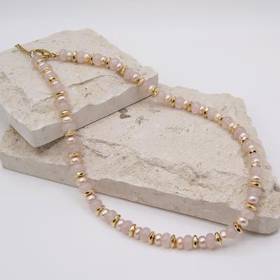 China Trendy Simple Geometric Beaded Adjustable Freshwater Pearl Necklace Rose Quartz Stone Necklace for sale