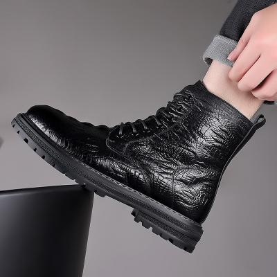 China High Quality Rubber Black Leather Casual Lace Up Round Slope Heel Ankle Boots For Men for sale