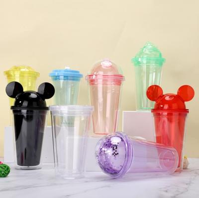 China Wholesale Cute Stocked Mouse Ear Tumbler Plastic Water Bottle Christmas Mickey Mouse Mug With Dome Lid for sale