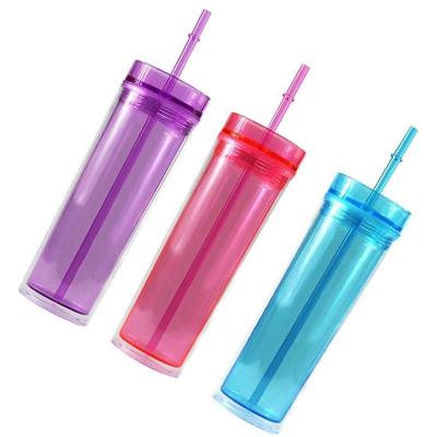 China Viable Transparent Water Bottle 16oz Sippy Sports Drinkware Plastic Double Wall Straw Cups Acrylic Straight Cup Tumbler for sale