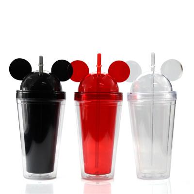 China Factory stocked wholesale 450ml mouse ear tumbler Plastic Christmas mickey mouse acrylic mug with dome lid for sale