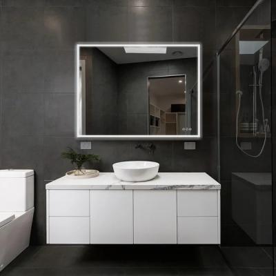 China Illuminated 28 in by 36 in Modern Frameless Hotel Bathroom Mirror Tempered with LED Lighting and Mirror Demister Touch Sensor Switch for sale