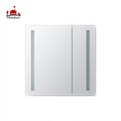 China Silver Door Hinged Medicine Cabinet Mirror Cabinet Double LED Lighted Mirror Cabinet Modern Bathroom for sale