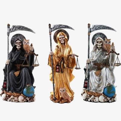 China Custom Made Holy Death Seated Religious Statue China Resin Home Decoration Santa Muerte Saint With Scythe for sale