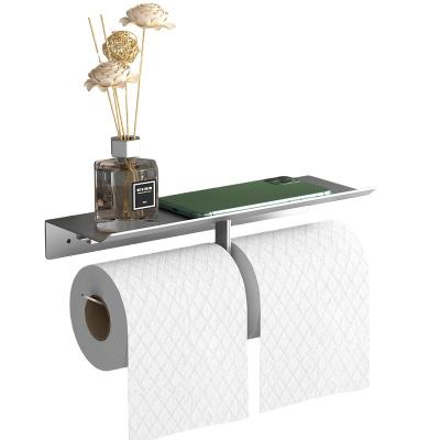 China Modern Double Toilet Paper Holder With Phone Shelf Roll Paper Dispenser With Shelf Polished Space Aluminum Toilet Paper Roll Holder for sale