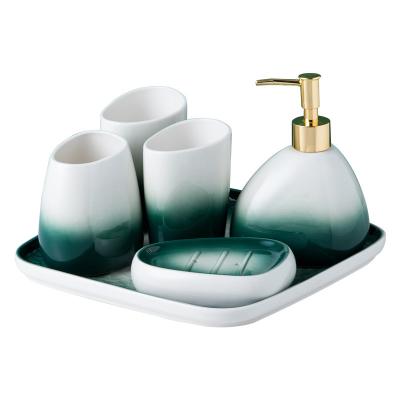 China Modern 4 Pieces Bathroom Accessories Soap Deipenser Pump Toothbrush Holder Tumbler Soap Dish Set Marble Design Ceramic Bathro for sale