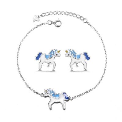 China Cute Blue Ornament Horse Jewelry Set Real 925 Silver Unicorn Bracelet Earrings Set For Teens for sale