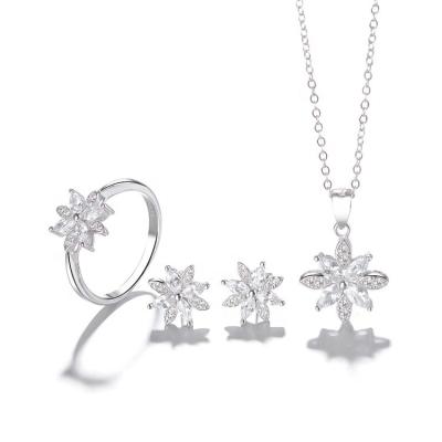 China 925 Romantic Silver Rhinestone Real Stone Necklace Real Earrings Rings Fashion Snowflake Pendant Jewelry Set for sale