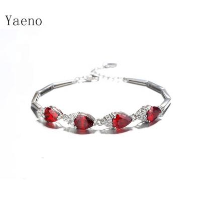 China FASHIONABLE 925 Sterling Silver Bracelet Red Stone Water Drop Ruby Charm Bracelet with Flexible Chain for sale