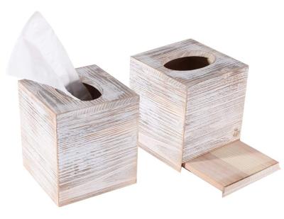 China Eco-friendly Rustic White Wooden Farmhouse Square Farmhouse Vintage Decor Tissue Box White Wood Tissue Holder for sale