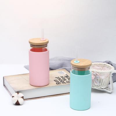 China Stocked Silicone Water Bottle Tumbler With Plastic Straw Glass Cup Bamboo Lid Water Glass Sleeve Silicone Water Bottle Tumbler for sale