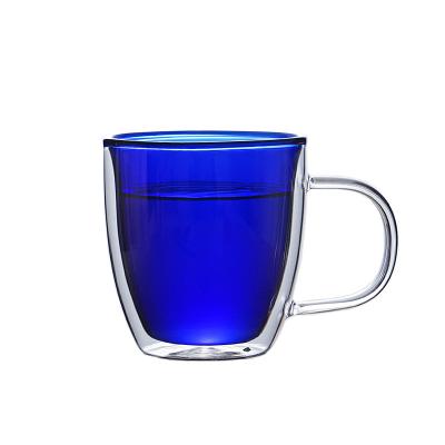 China Wholesale Disposable Blue Glass Coffee Mug Factory Double Wall Double Wall Round Cup Coffee Mug With Handle for sale