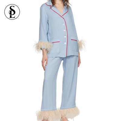 China QUICK DRY Hot Selling Women Sleepwear Bamboo Cotton Loungewear Long Sleeve Ostrich Feather Pajamas Set for sale