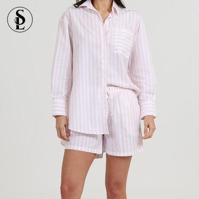 China Wholesale QUICK DRY 100% Organic Cotton Pink Long Sleeve Shorts Striped Pajamas Pj Sets For Women for sale