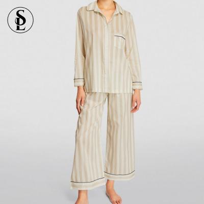 China Lounge Wear QUICK DRY Custom Cotton Pull-On Striped Women Long Sleeve Sleep Nightgowns Pajamas Set for sale