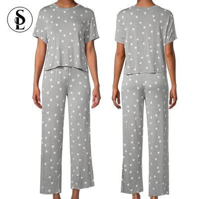 China 2022 QUICK DRY Custom Made Ladies Pijamas 2 Piece Luxury Modal Crewneck Pajamas Printed Pajamas Set For Women for sale