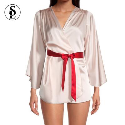 China Wholesale custom made ladies QUICK DRY plus size women's pink satin silk long robes self belted bathrobes bow tie for sale