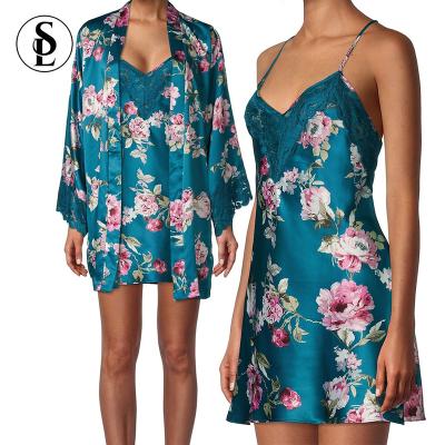 China QUICK DRY 2 Piece Floral Print Nightgowns Lace Camisoles Trim Night Dresses Women Belted Satin Long Robe Set for sale