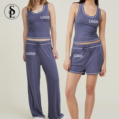 China QUICK DRY Custom Comfy Pajamas Lounge Wear Sets Women Ribbed Tank Top Pants Set Ribbed Loungewear Set For Women for sale