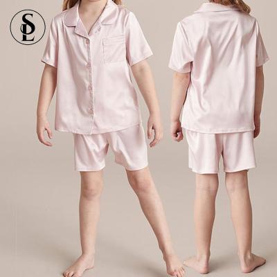 China 2023 Thermal Girls Pocket Connected Lapel Collar Satin Pajamas Blouse Shorts Children PJ Silk Set for sale