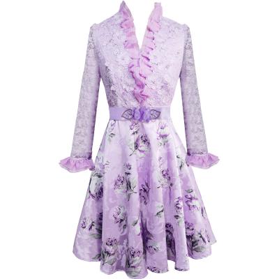 China 2023 Washable First Autumn New Ruffled Tight Waist Soft Lace Design Long Sleeve Soft Printed Dress For Women for sale