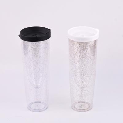 China 14oz Gold Glitter Wall Glass Unbreakable Plastic Double Wall Glasses Acrylic Wine Champagne Glasses For Wedding Party for sale