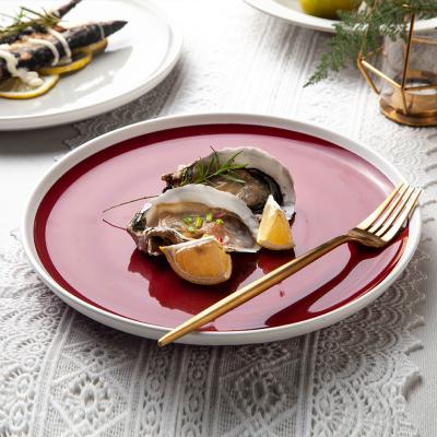 China Sustainable Red Dish With White Rim Ceramic Dinner Plates Sets Tableware For Wedding / Party for sale