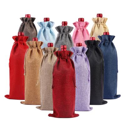 China Ecological; Reusable; Biodegradable custom logo in burlap party wedding gift plain jute stock wholesale drawstring bag for wine packing for sale