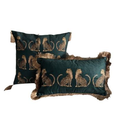 China Emerald Decor eco-friendly plaid, leopard cushion cover with tassels tribal decorative pillowcase, modern cushion leopard cover for sale