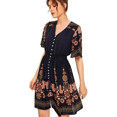 China 2022 Women Retro Vintage Anti-static Floral Print Short Sleeve Boat Neck Swing Casual Dress for sale