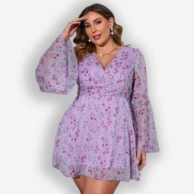 China Large Casual Vestido Ladies Midi Dress Mujeres De La Moda Vestido De Swing Printing Elegant Fairy Purple Anti-Static Floral Long Dress for sale