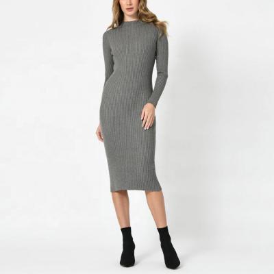 China Anti-Static Wool Knitting Winter New Style Women's Long Sleeve Warm Sweater Dress Gray for sale